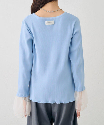 網紗拼接袖 羅紋 針織開衫