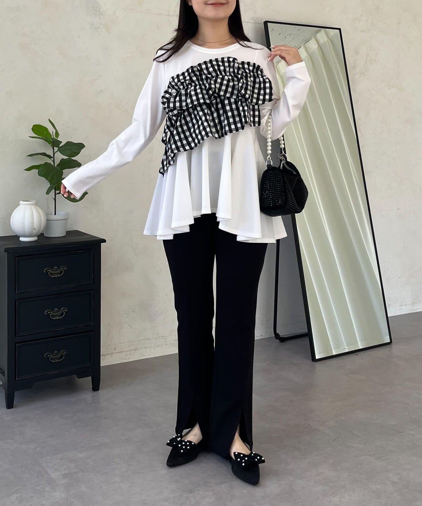 格紋荷葉邊收腰 長袖T恤