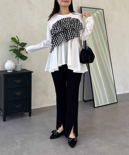 格紋荷葉邊收腰 長袖T恤