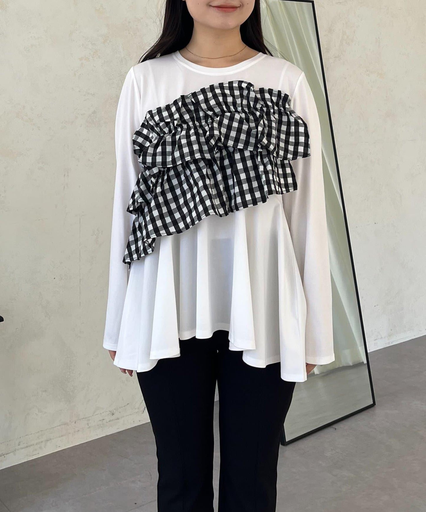 格紋荷葉邊收腰 長袖T恤
