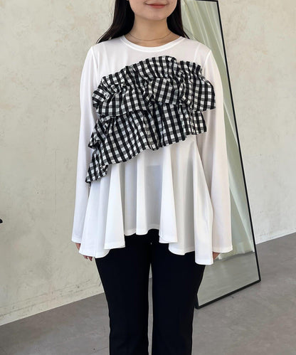 格紋荷葉邊收腰 長袖T恤
