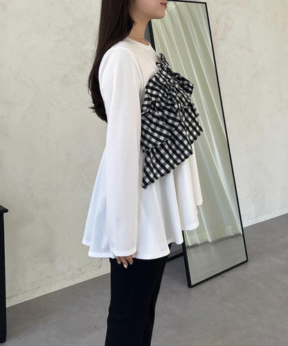 格紋荷葉邊收腰 長袖T恤