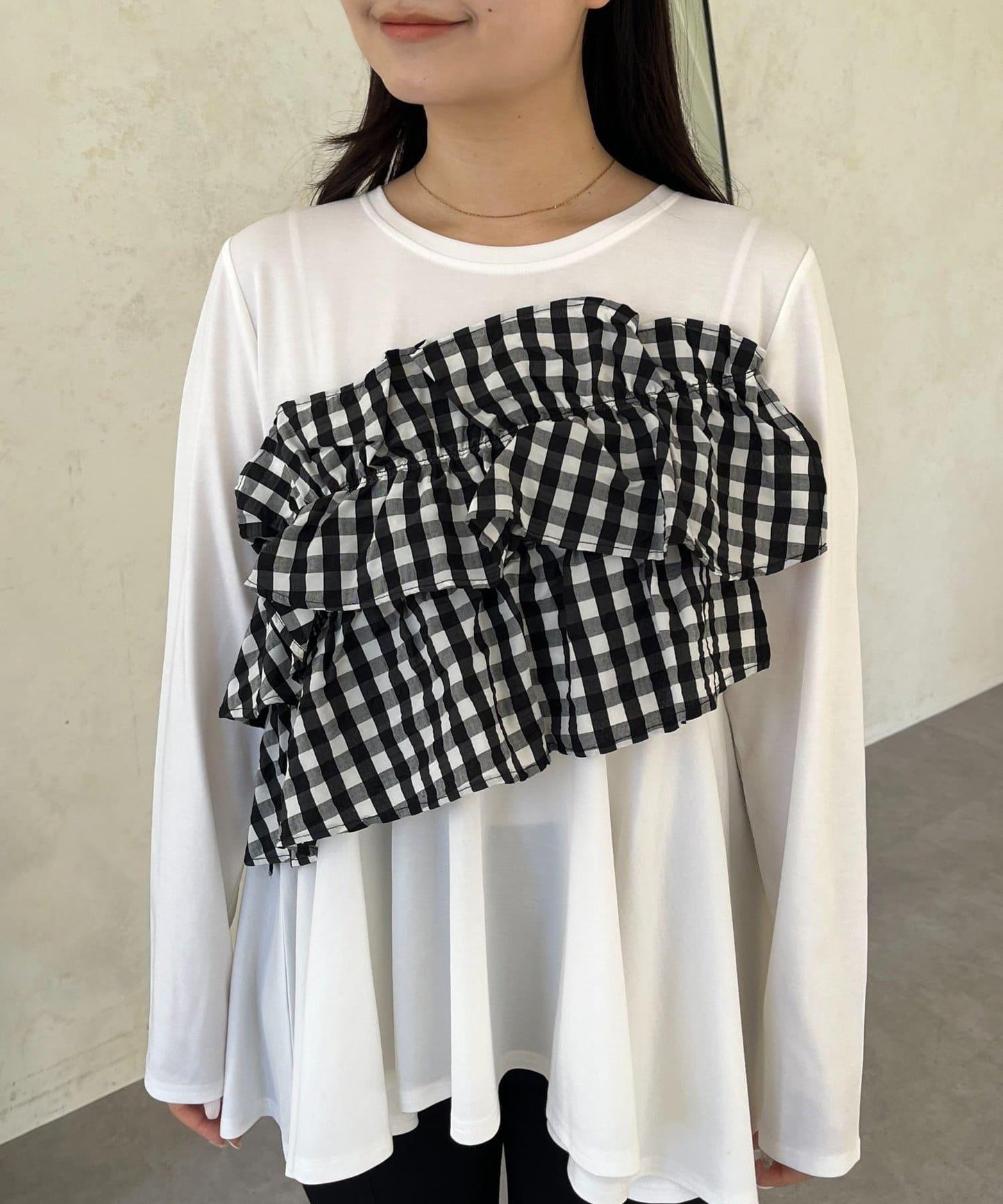 格紋荷葉邊收腰 長袖T恤