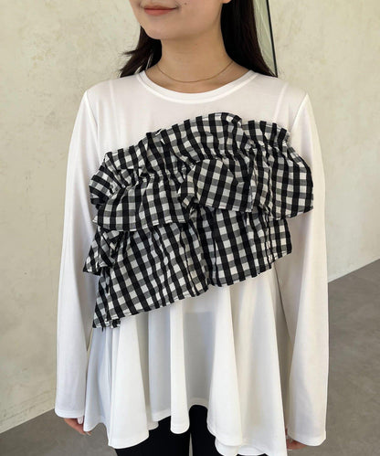 格紋荷葉邊收腰 長袖T恤