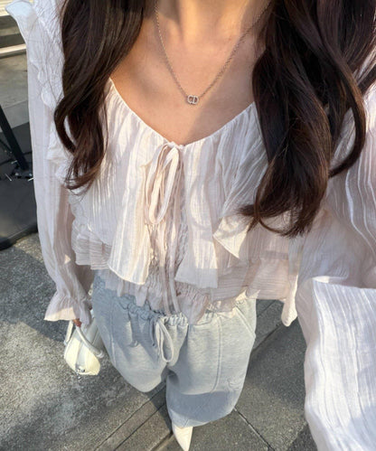 荷葉邊襯衫&抽褶吊帶上衣