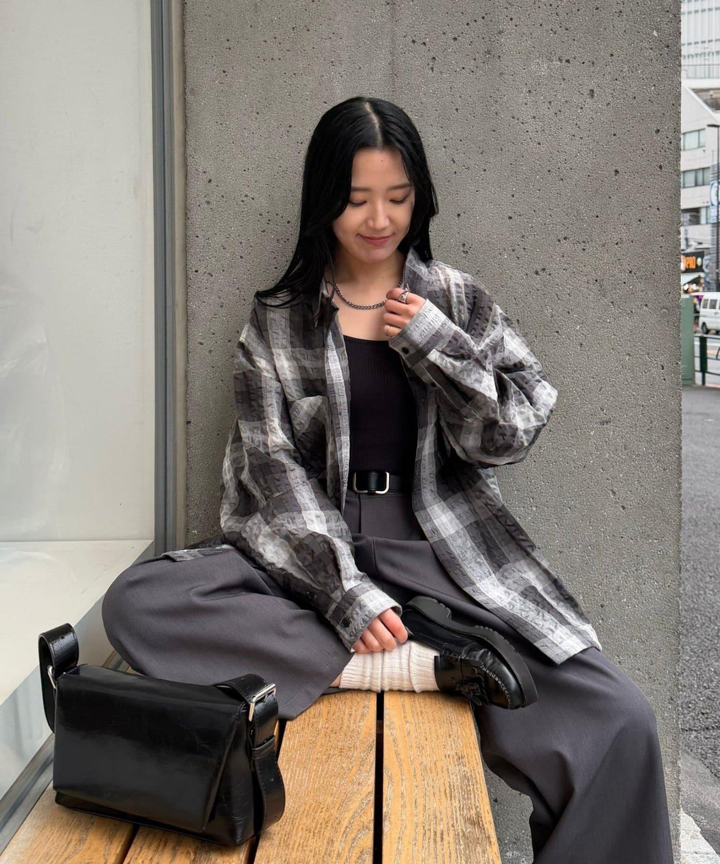 格紋泡泡紗長袖襯衫