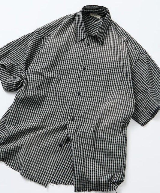 寬鬆版型 破壞做舊 常規領 格紋/條紋 漸褪色設計 短袖襯衫