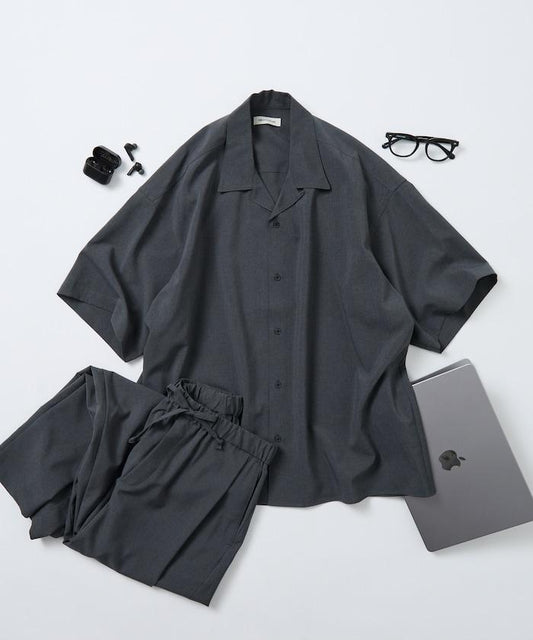 寬鬆版亞麻質感套裝 開領襯衫＋闊腿西裝褲