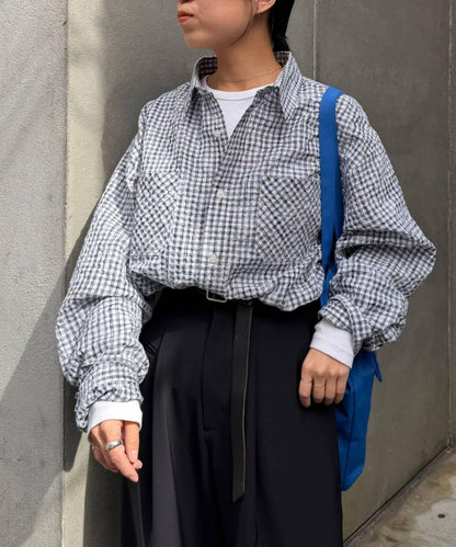 格紋泡泡紗長袖襯衫