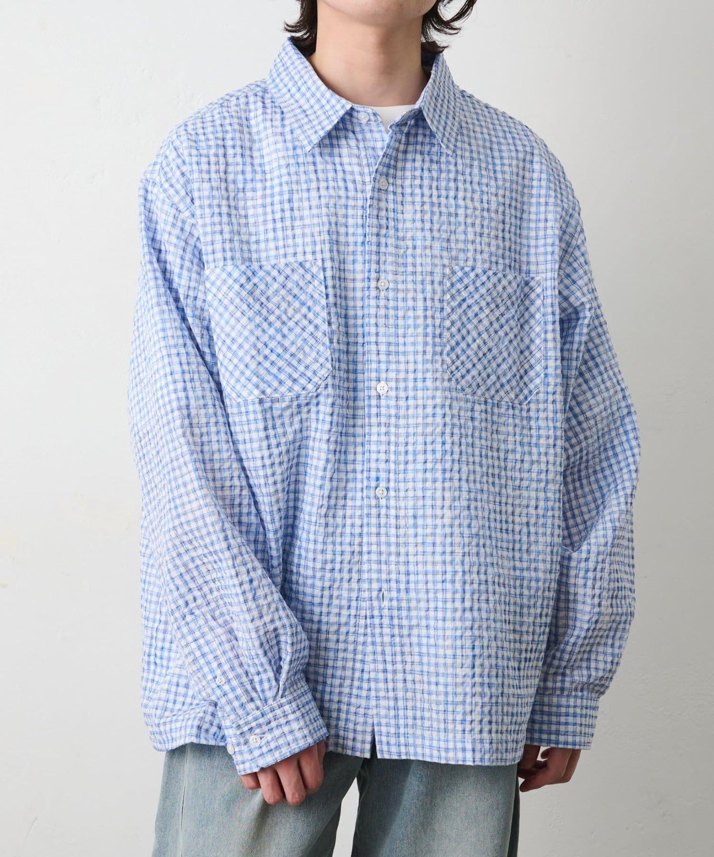 格紋泡泡紗長袖襯衫