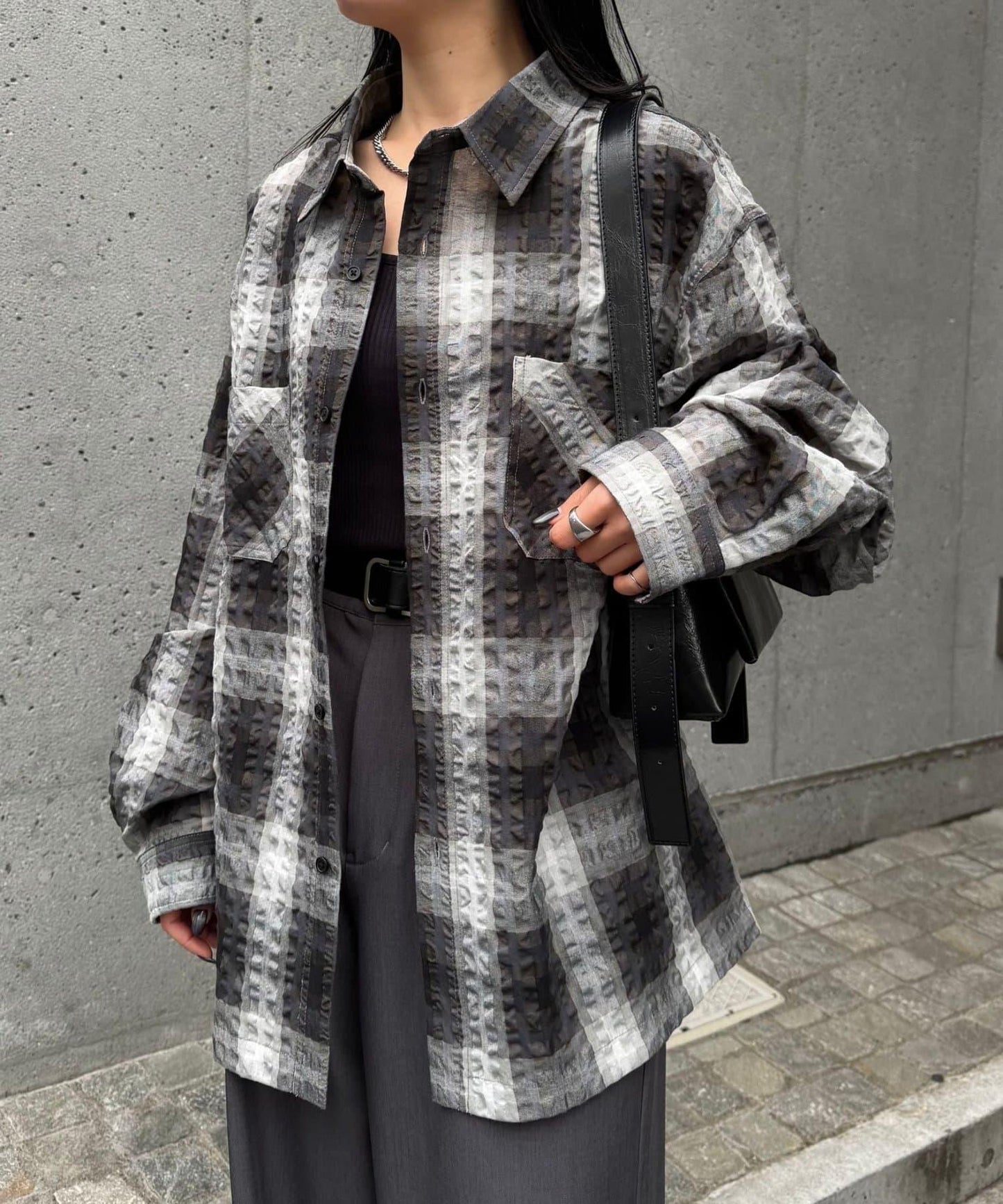 格紋泡泡紗長袖襯衫