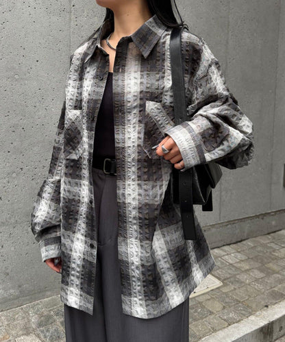 格紋泡泡紗長袖襯衫