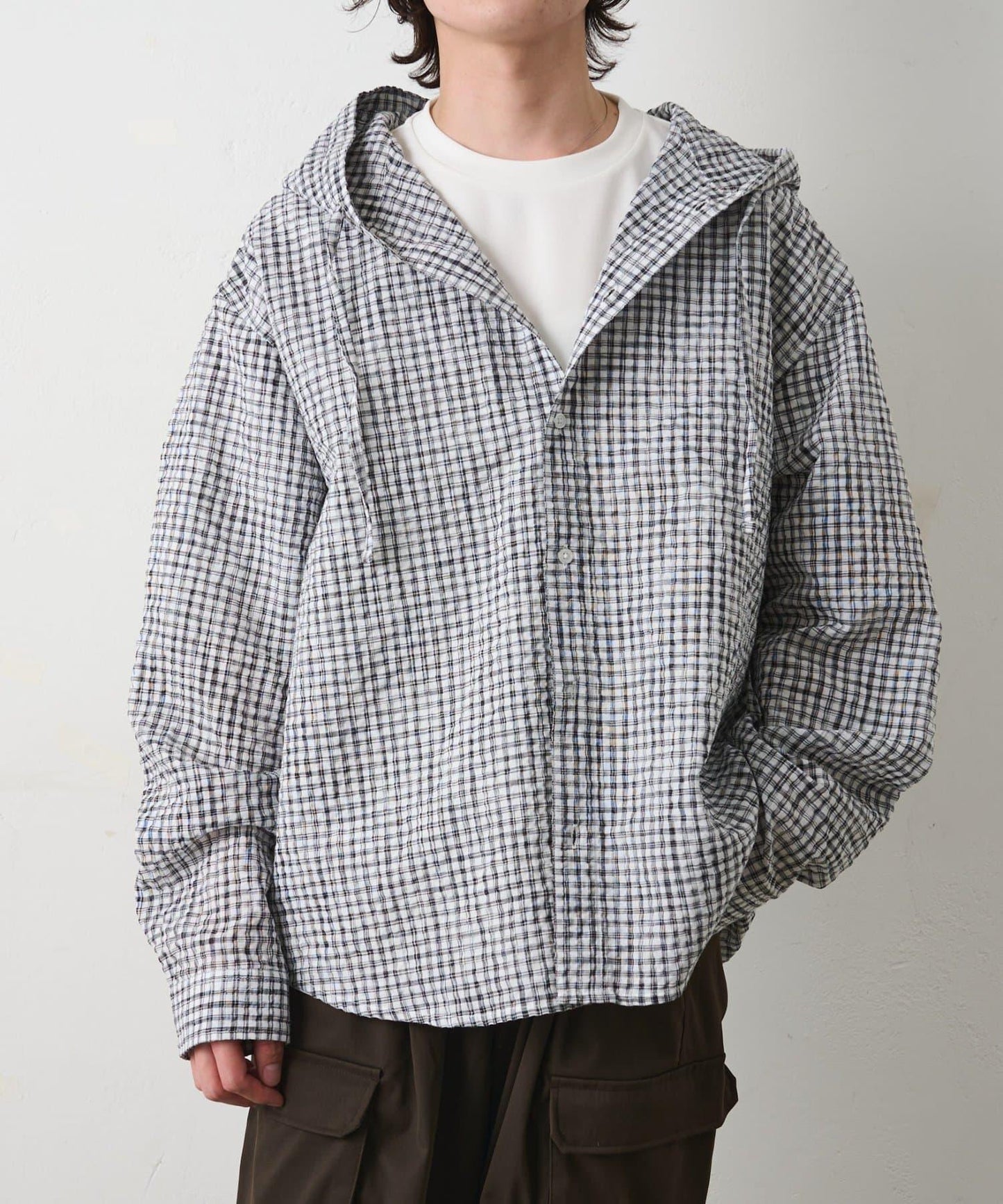 格紋泡泡紗 連帽襯衫