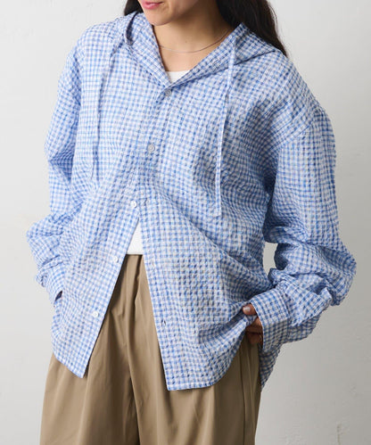格紋泡泡紗 連帽襯衫
