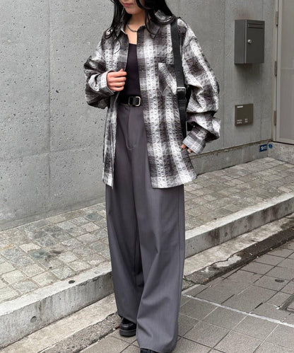 格紋泡泡紗長袖襯衫