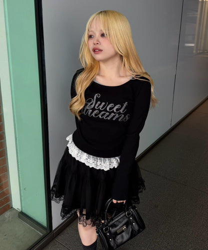 閃亮Logo 下襬蕾絲 羅紋 上衣