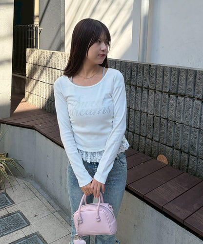 閃亮Logo 下襬蕾絲 羅紋 上衣