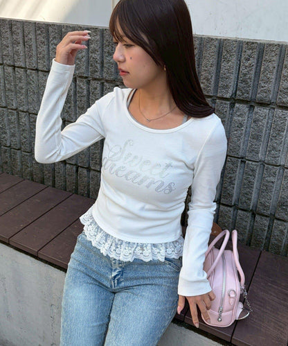 閃亮Logo 下襬蕾絲 羅紋 上衣