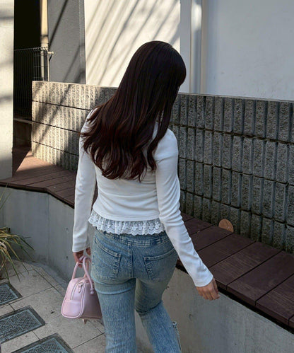 閃亮Logo 下襬蕾絲 羅紋 上衣