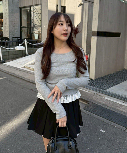 閃亮Logo 下襬蕾絲 羅紋 上衣