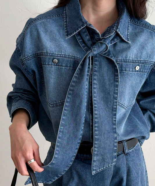 短款 蝴蝶結 牛仔 襯衫