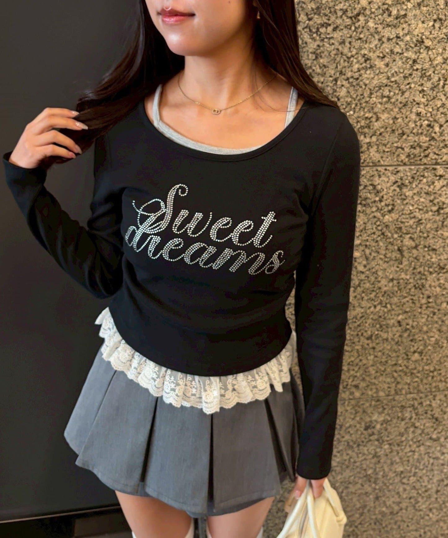 閃亮Logo 下襬蕾絲 羅紋 上衣