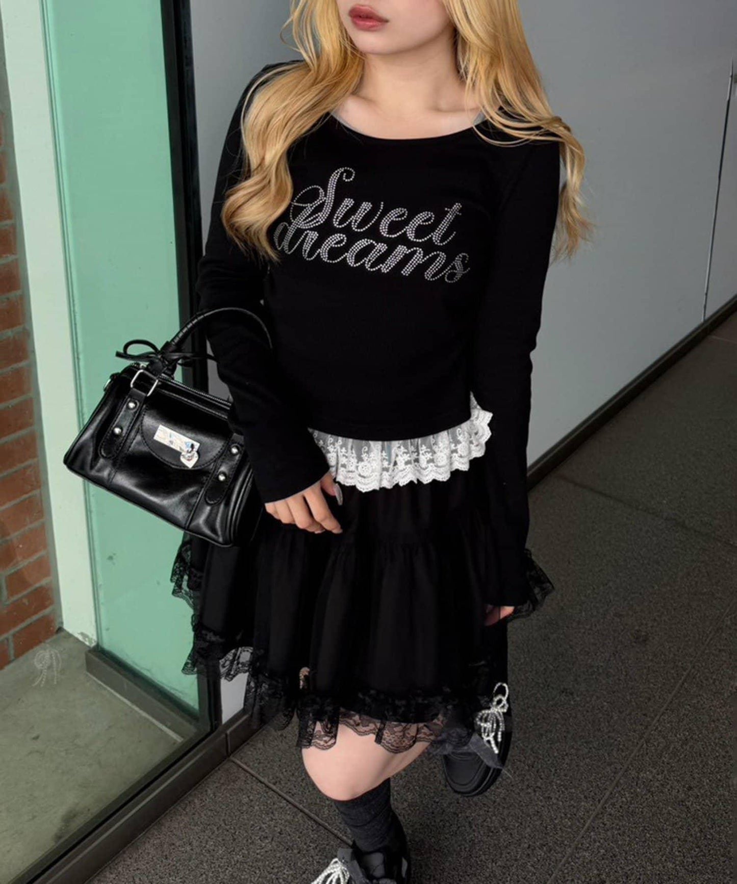 閃亮Logo 下襬蕾絲 羅紋 上衣