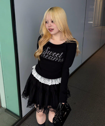 閃亮Logo 下襬蕾絲 羅紋 上衣