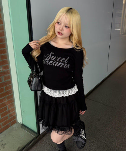 閃亮Logo 下襬蕾絲 羅紋 上衣