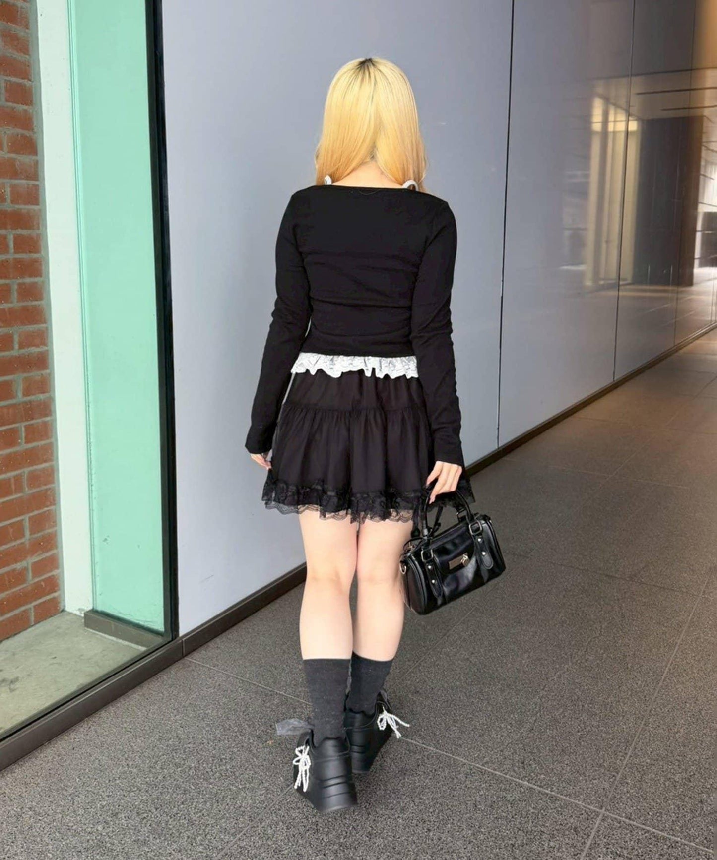 閃亮Logo 下襬蕾絲 羅紋 上衣