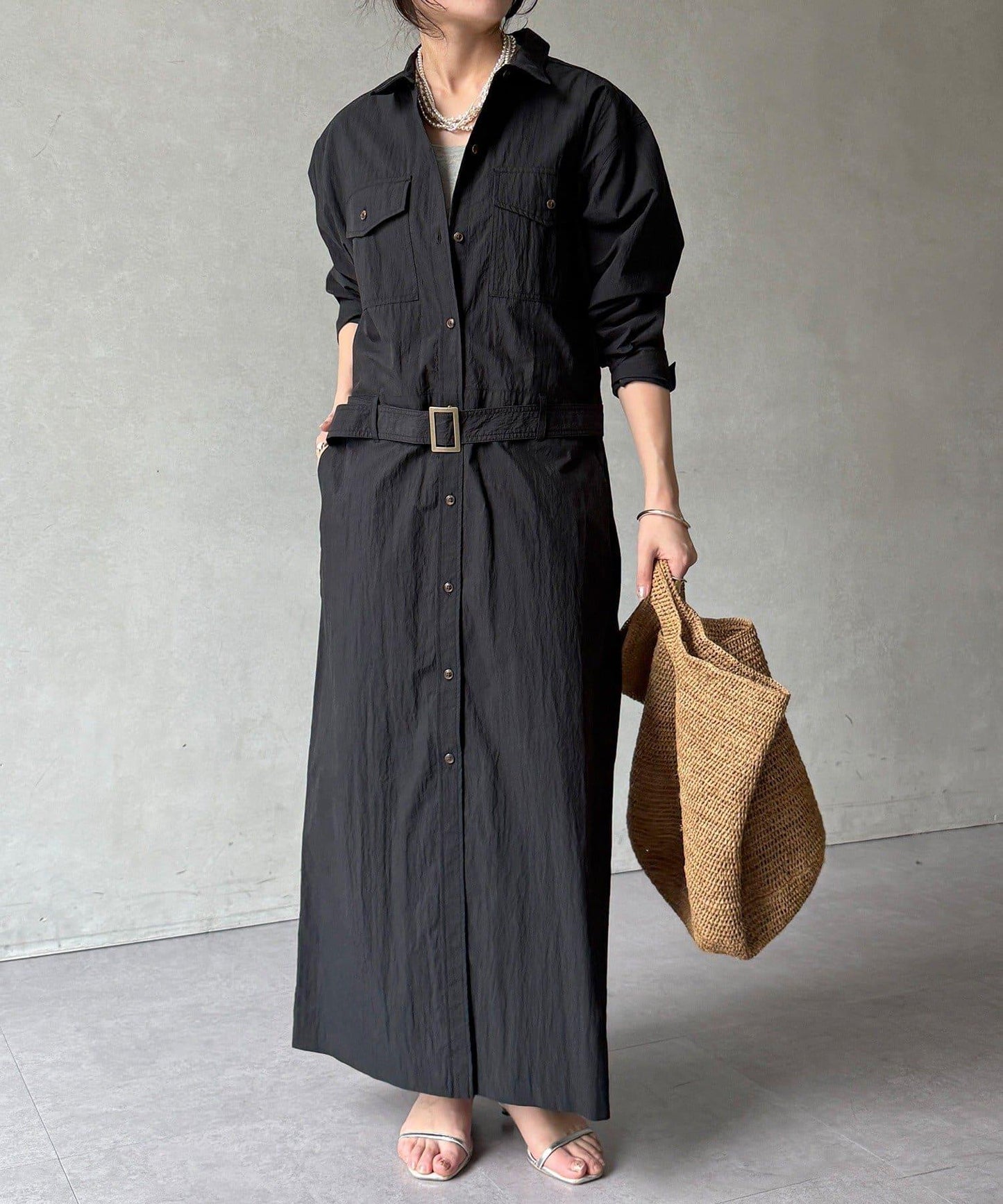 可定型領長款襯衫式連衣裙