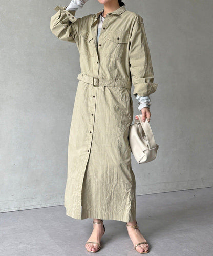 可定型領長款襯衫式連衣裙