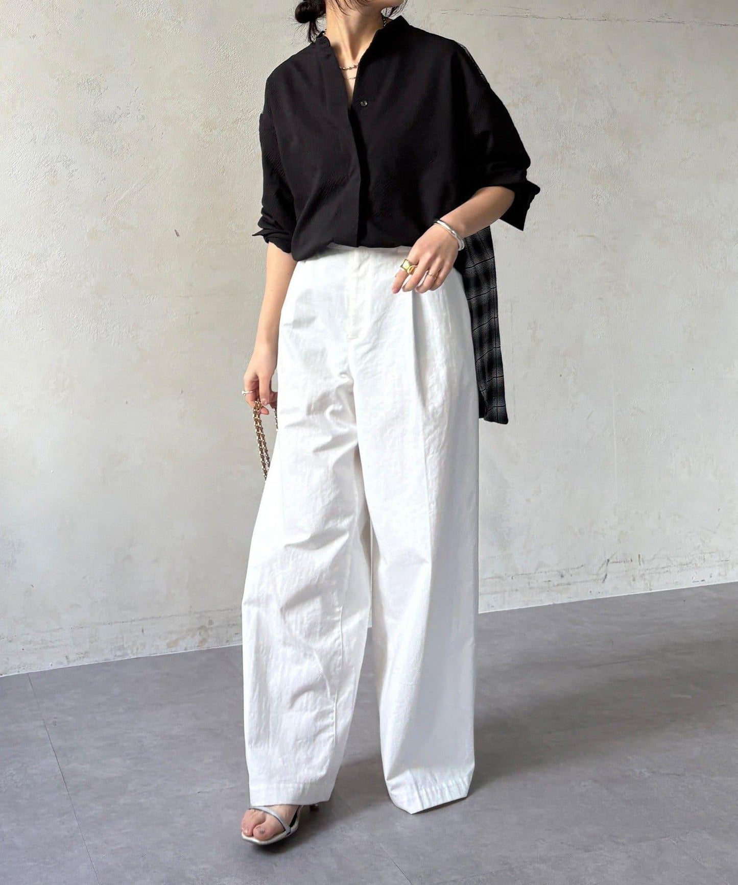 後背格紋泡泡紗襯衫