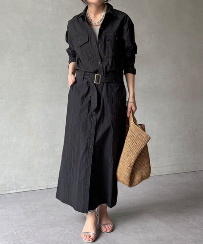 可定型領長款襯衫式連衣裙