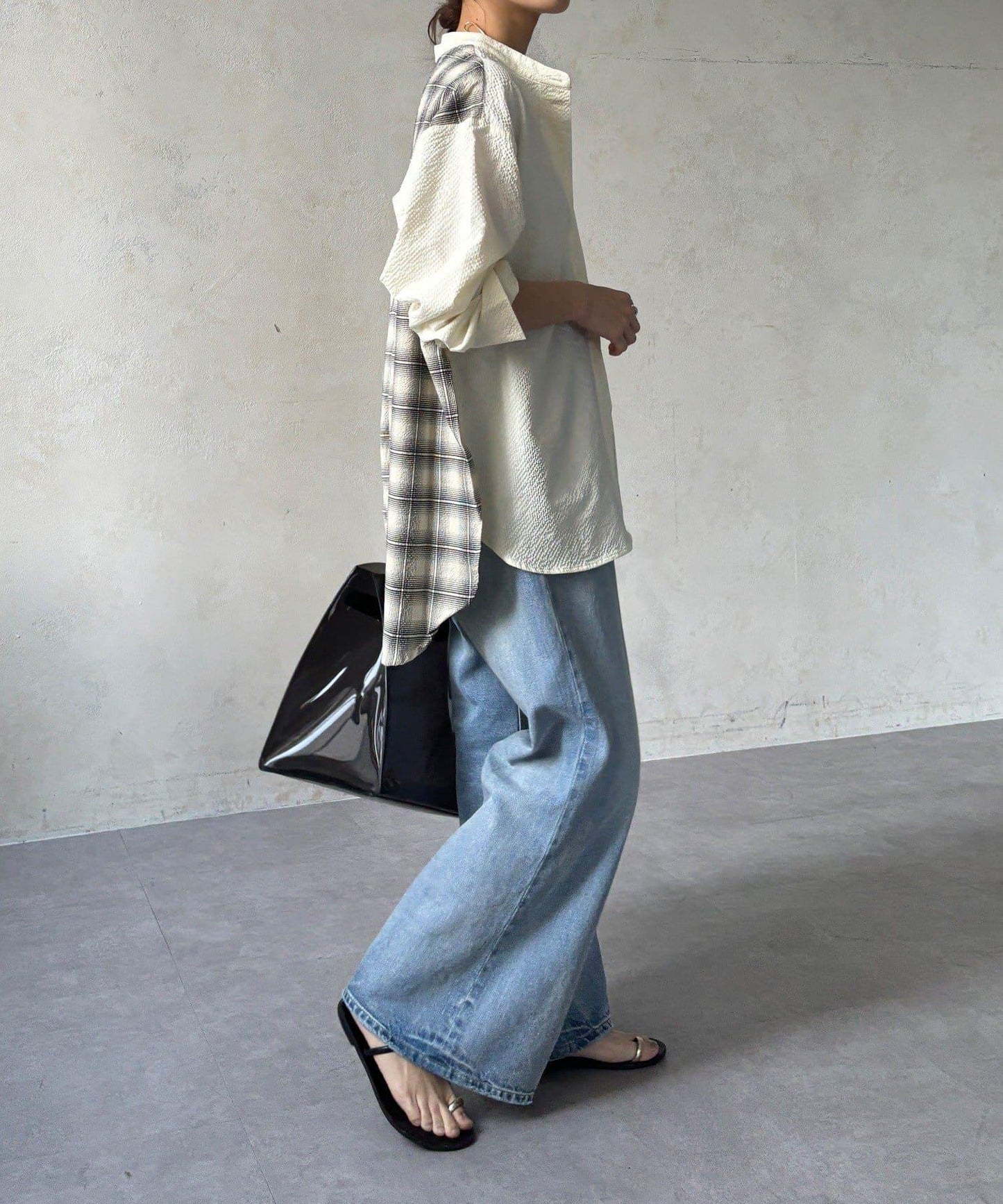 後背格紋泡泡紗襯衫