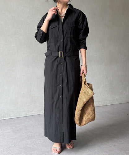 可定型領長款襯衫式連衣裙