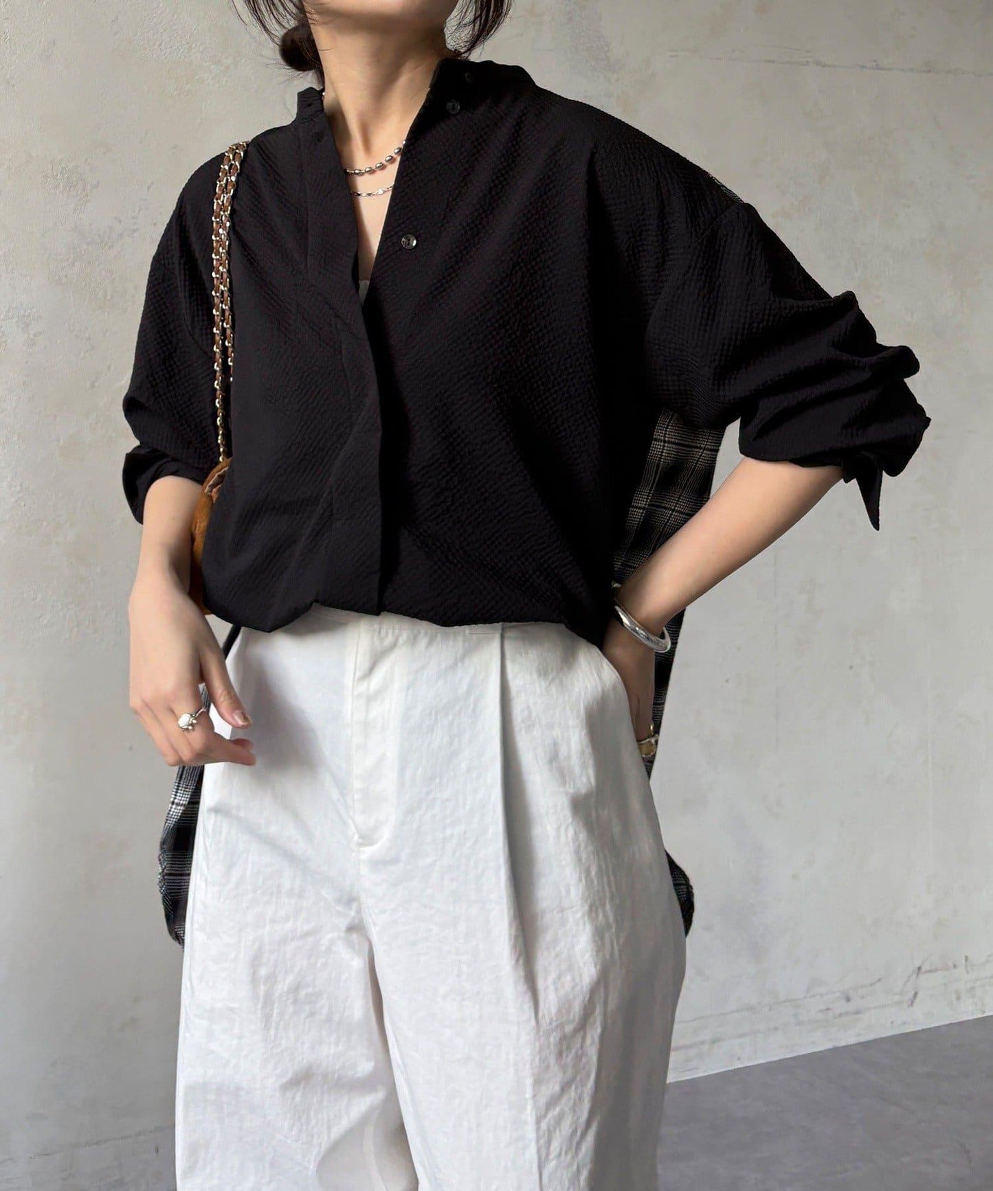 後背格紋泡泡紗襯衫