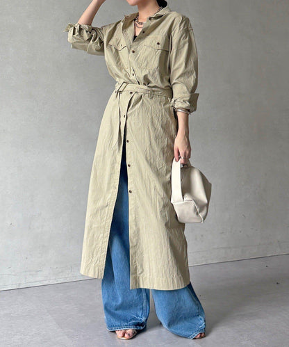可定型領長款襯衫式連衣裙