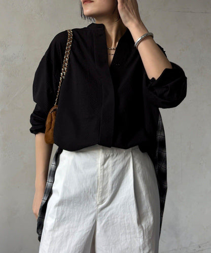 後背格紋泡泡紗襯衫