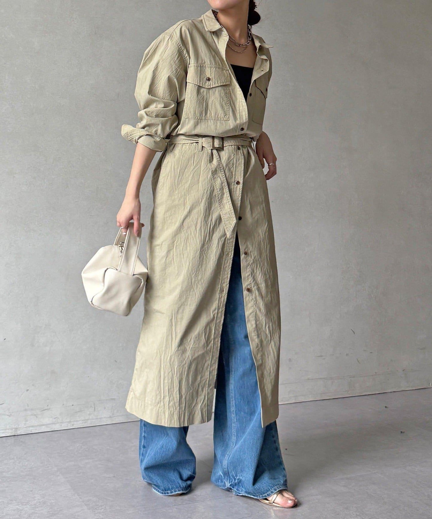 可定型領長款襯衫式連衣裙