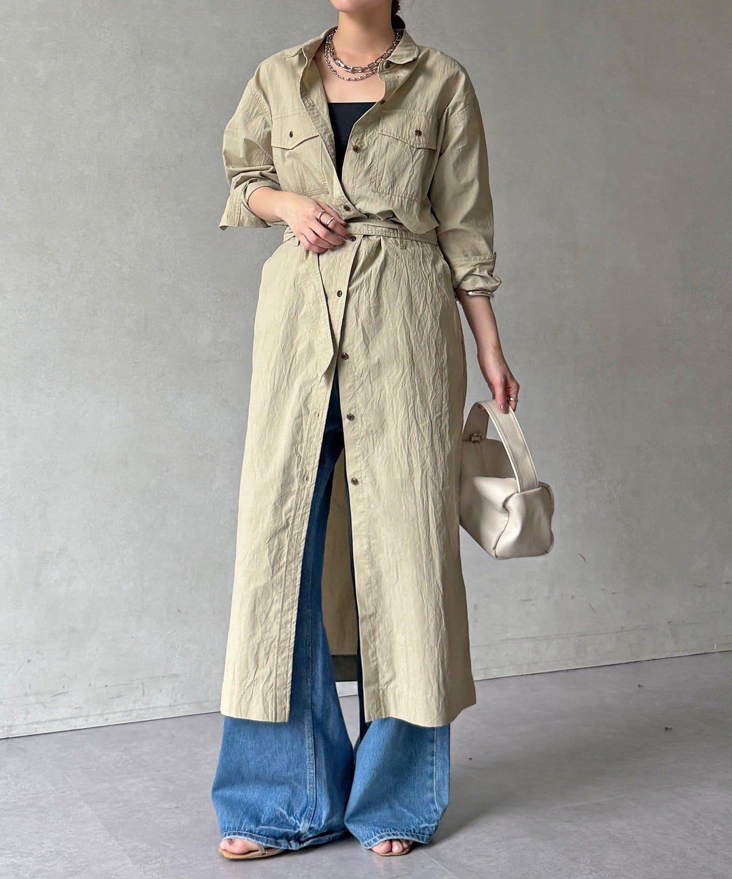 可定型領長款襯衫式連衣裙