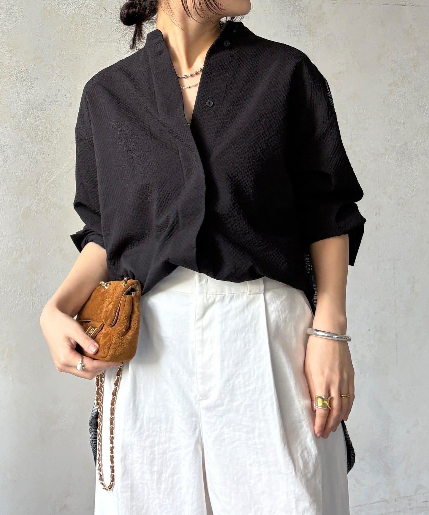 後背格紋泡泡紗襯衫