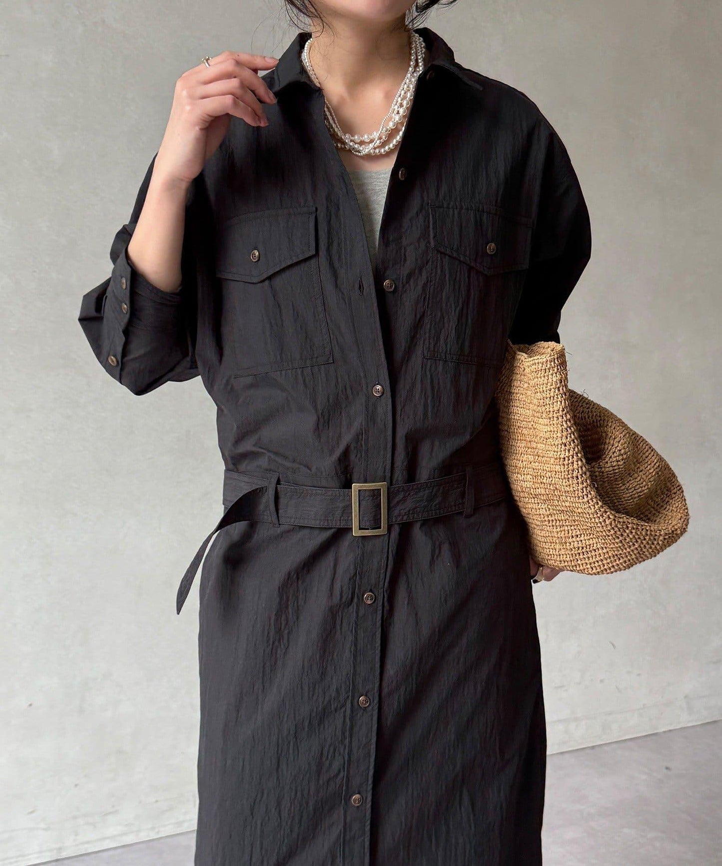 可定型領長款襯衫式連衣裙