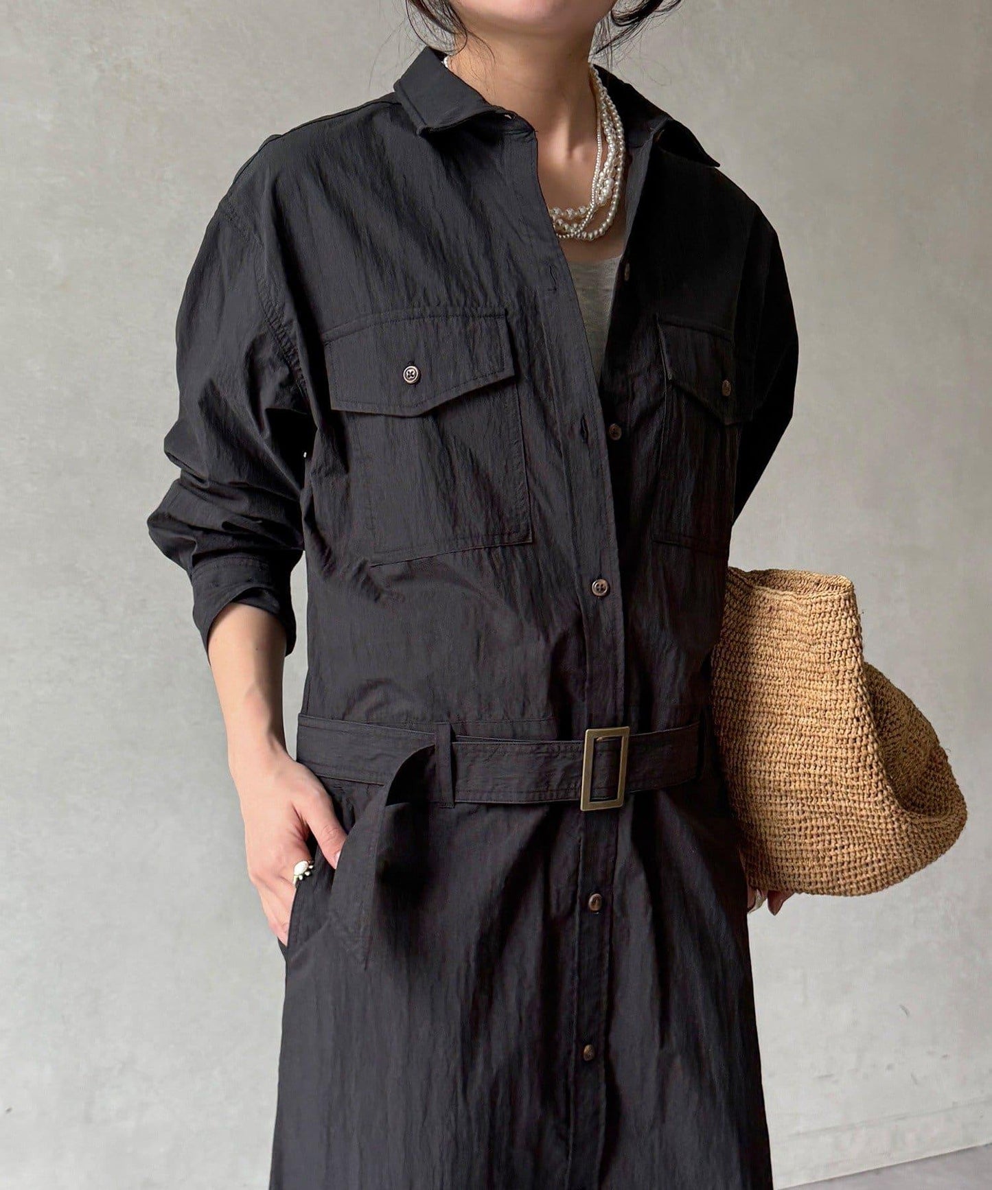 可定型領長款襯衫式連衣裙