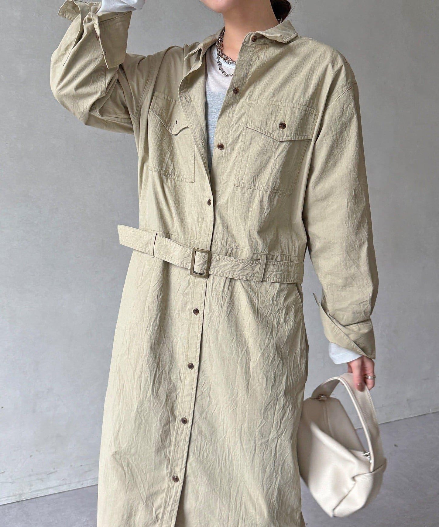 可定型領長款襯衫式連衣裙