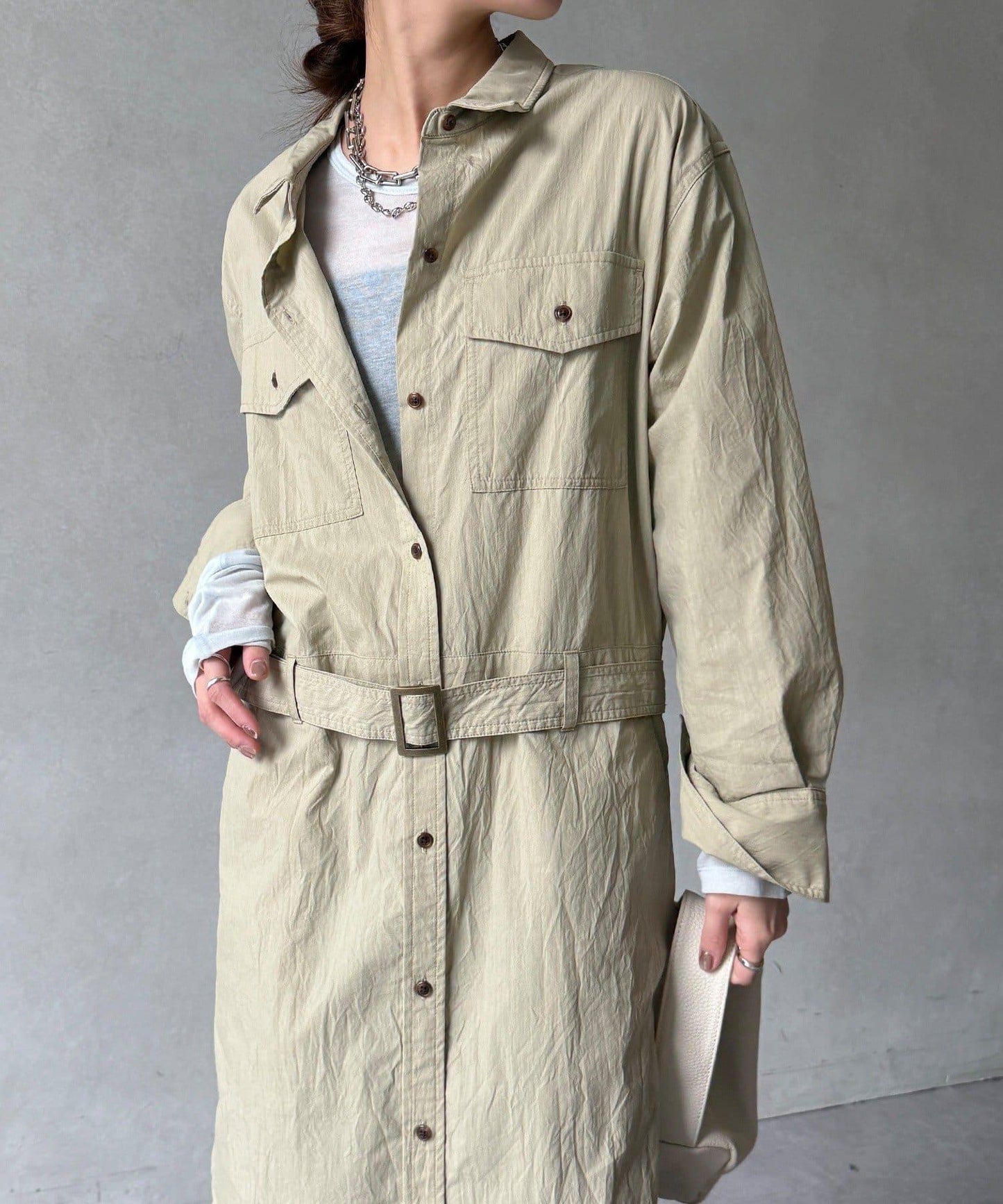 可定型領長款襯衫式連衣裙