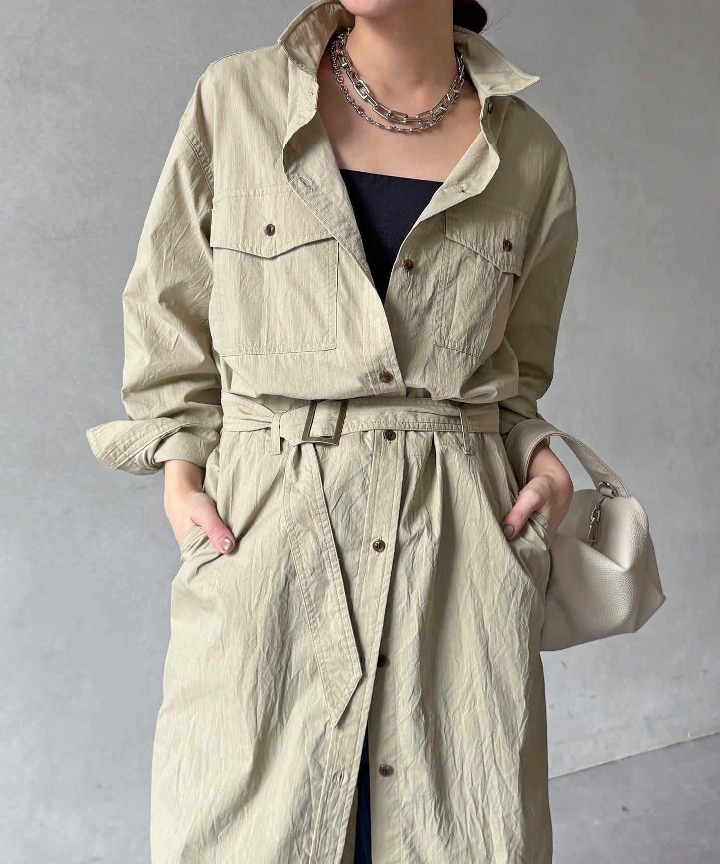 可定型領長款襯衫式連衣裙