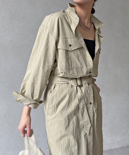 可定型領長款襯衫式連衣裙