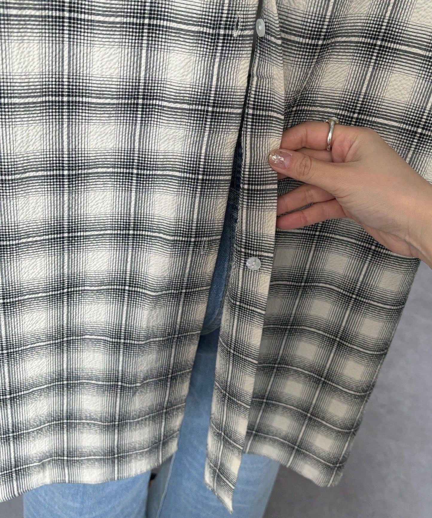 後背格紋泡泡紗襯衫