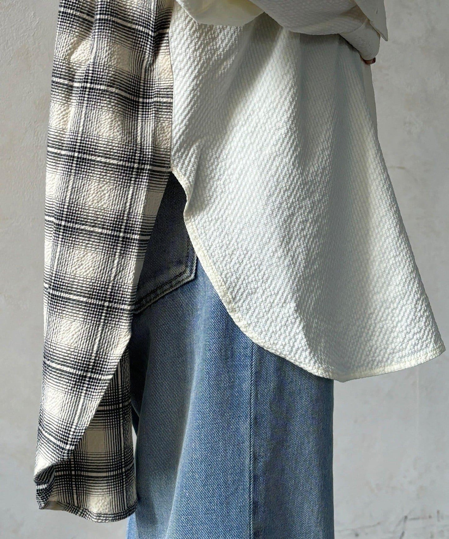 後背格紋泡泡紗襯衫